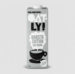 Oatly Barista Edition oat drink carton on a light gray background